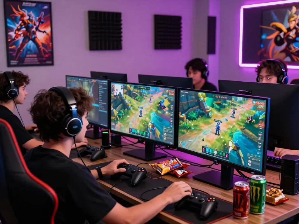 Exciting gaming setup at https://789clubweb.com/ with dual monitors, colorful graphics, and immersive atmosphere.