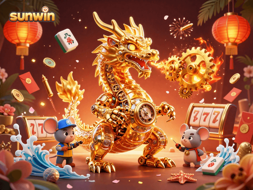 Sunwin showcases a golden dragon blowing gears amidst lively casino elements.