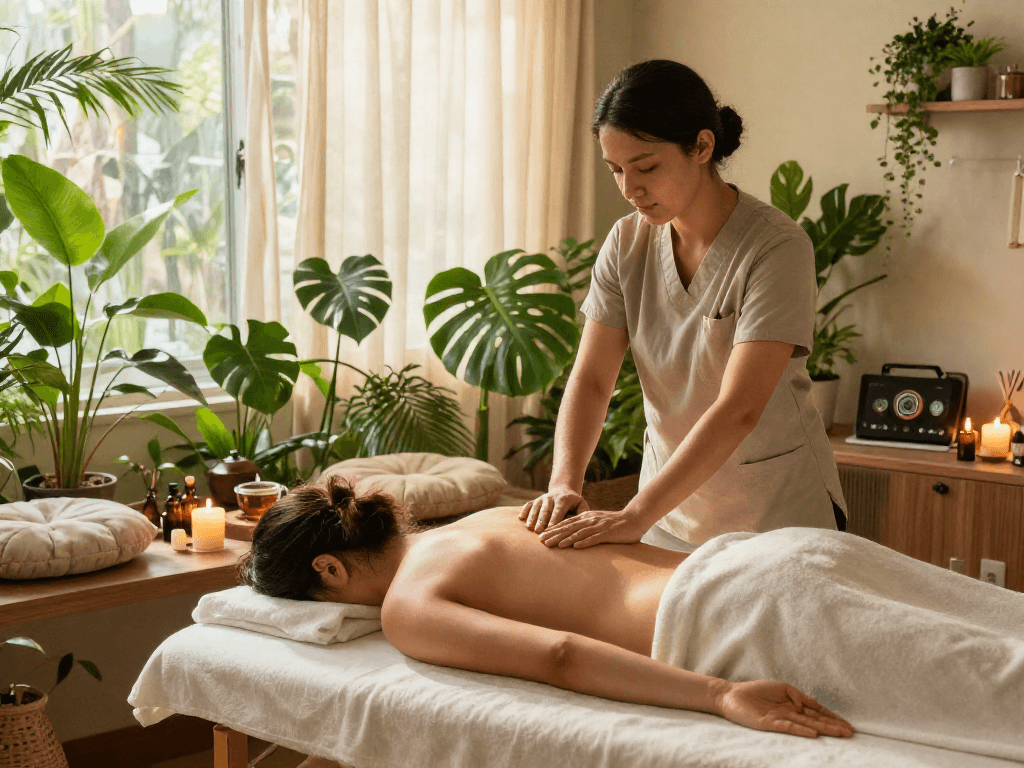 Relaxation during 화성출장마사지 at a wellness retreat with soothing ambiance.