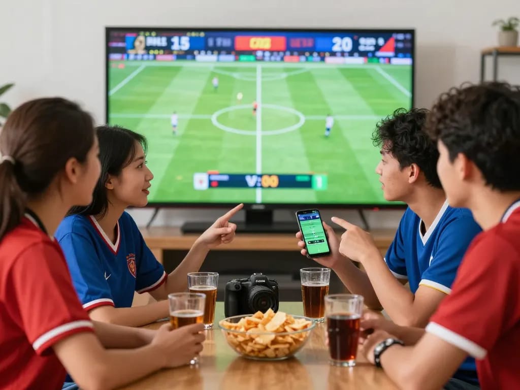 Exciting atmosphere at a kèo nhà cái sports betting party with friends analyzing odds and watching live football matches.