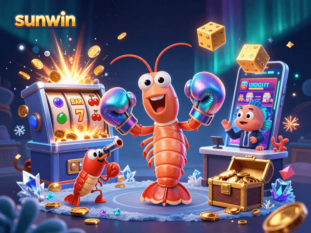 Experience sunwin's exciting online gameplay with a vibrant 3D casino scene featuring dynamic slots and lively characters.