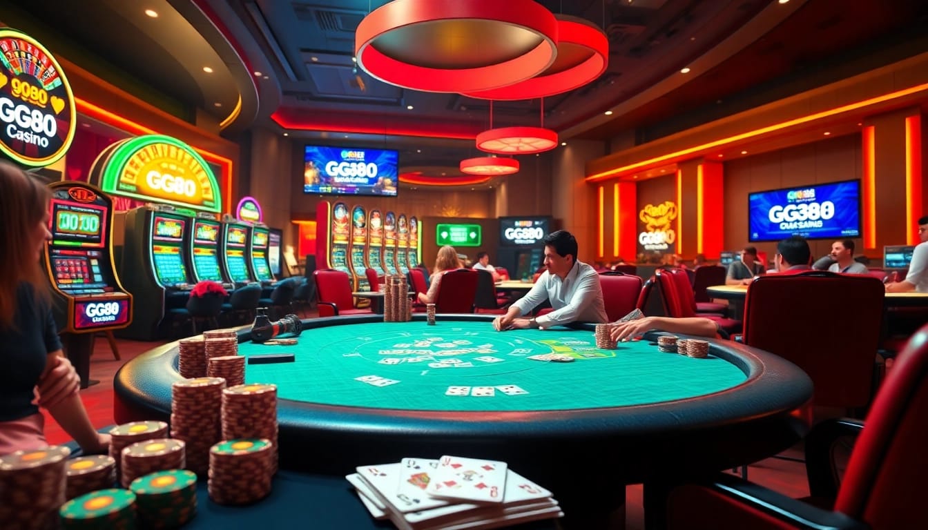 GG88 players excitedly engaging in poker at a luxurious online casino table with vibrant lighting.