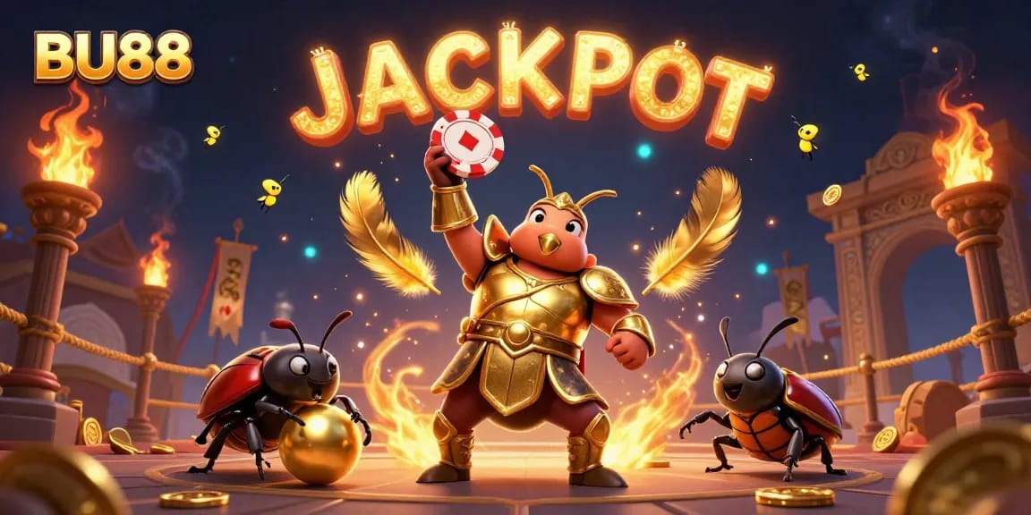 Engage with BU88 as a victorious beetle lifts a poker chip in a dynamic casino scene.
