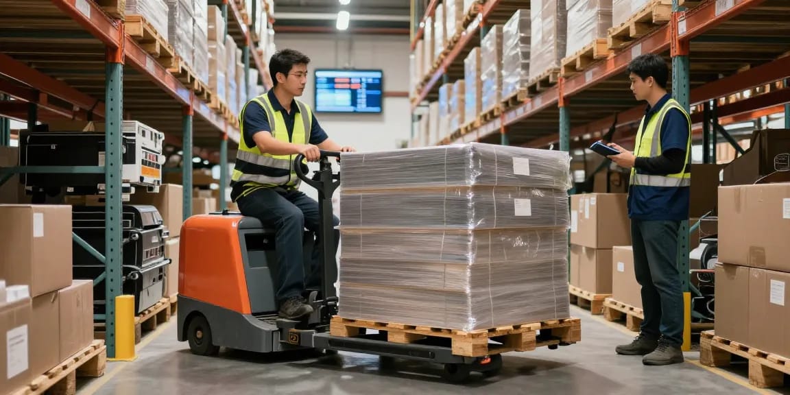 Electric pallet truck effortlessly transporting goods in a busy warehouse.