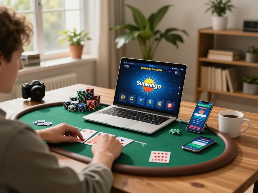 Engaging online poker session on sunwingo app, cozy home setting with strategic gameplay.
