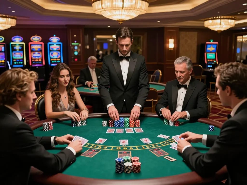 Intense blackjack gameplay at luxury casino featuring s666 strategic bets and focused players