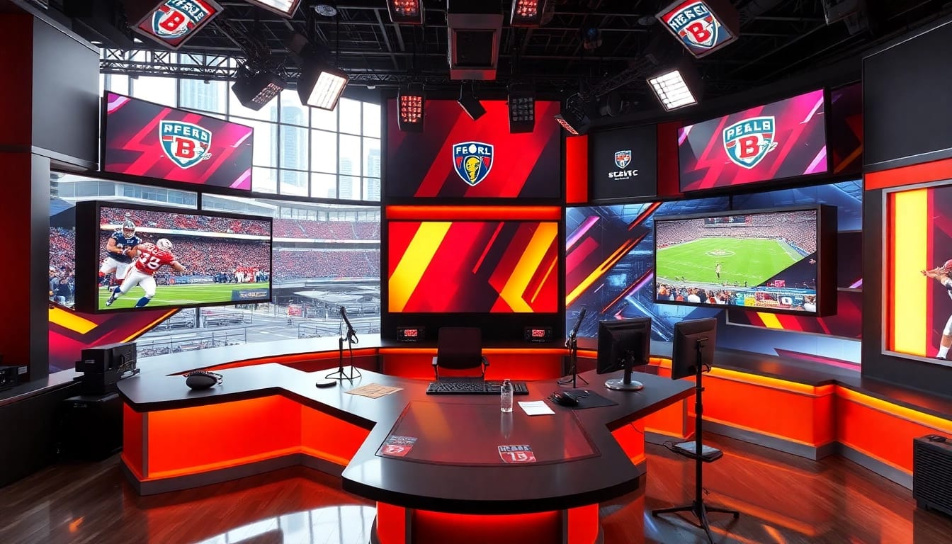 Sports Broadcasting studio with action-packed screens and enthusiastic anchors delivering news.