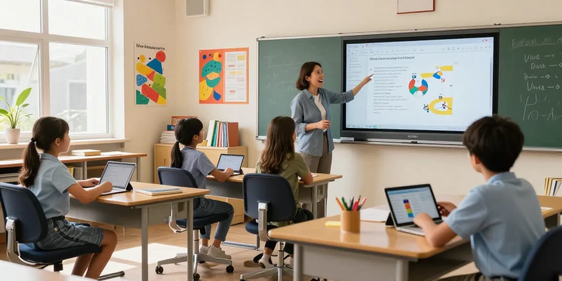 An engaging classroom scene using EMStudio as an online teacher planner, showcasing interactive learning with students and digital tools.