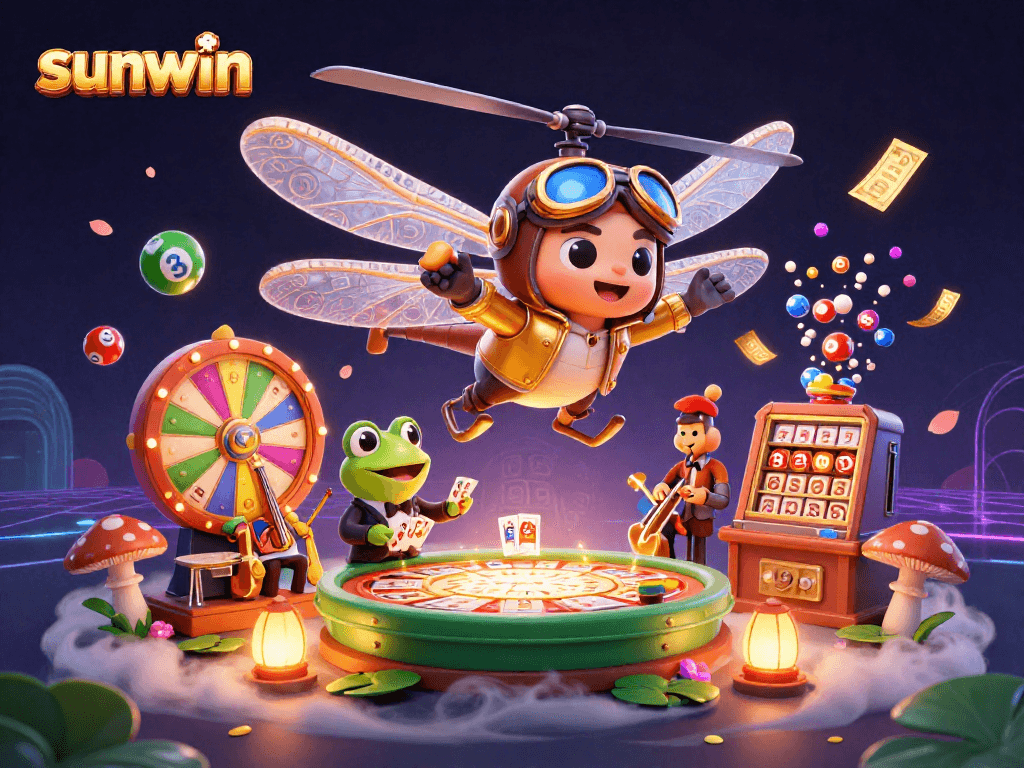 Experience thrilling gaming moments at sunwin casino with lively characters, vibrant lottery elements, and dynamic action.