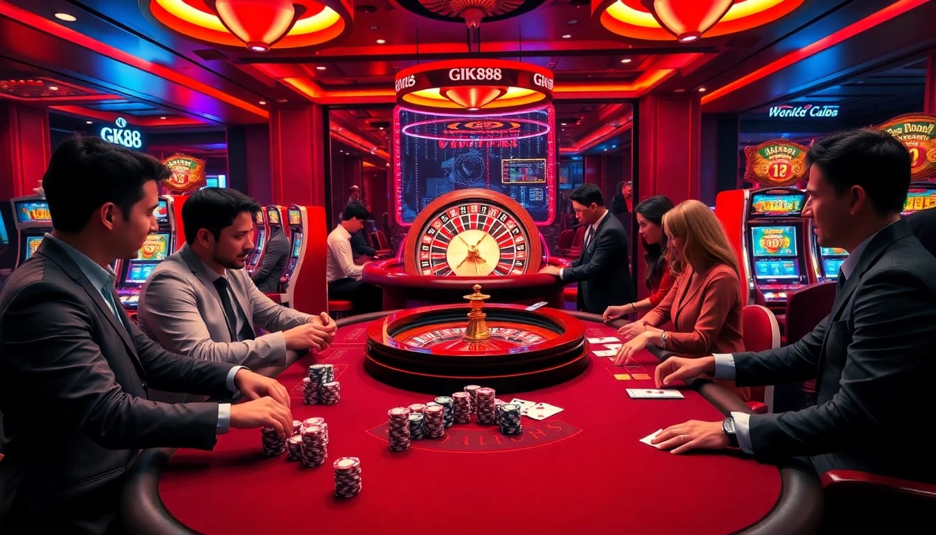 Gambling excitement at GK88 casino with vibrant tables and colorful chips.