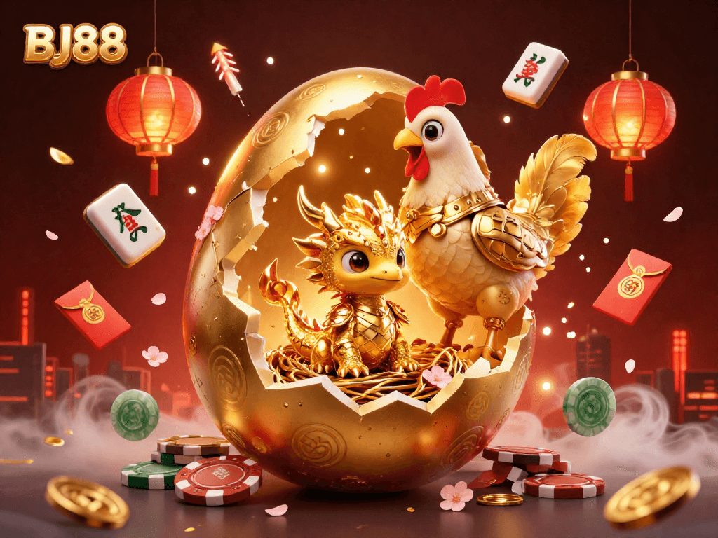 Engage with the vivid world of BJ88, capturing a golden dragon guarding poker chips amidst vibrant casino elements.