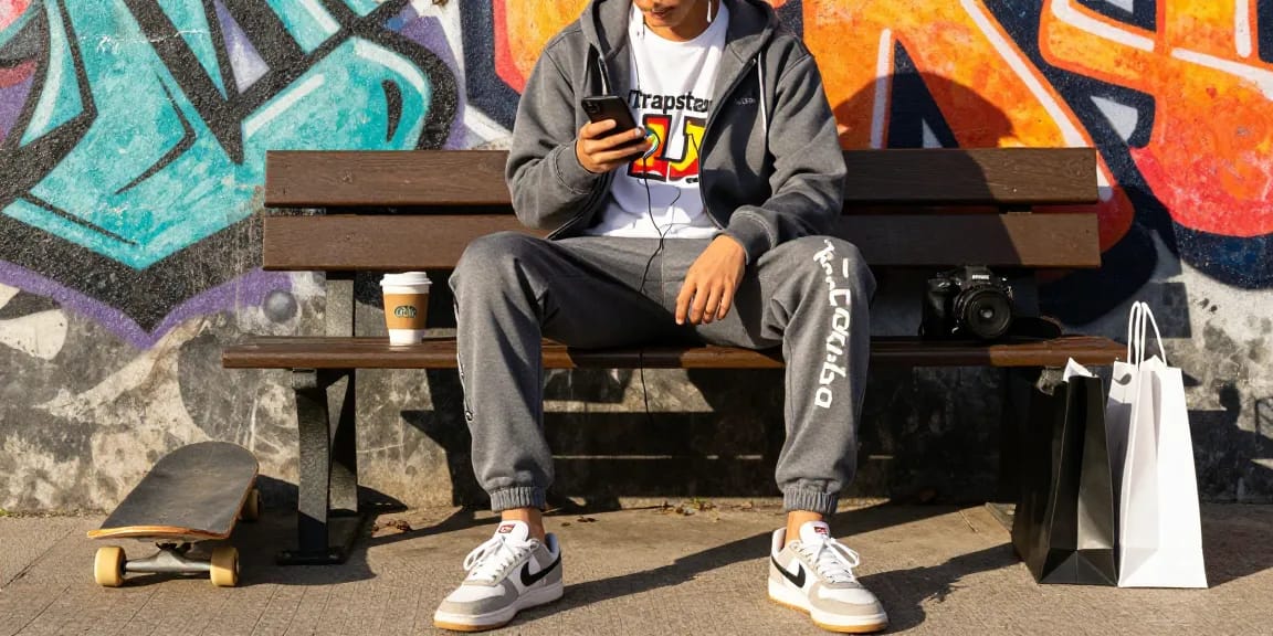 Felpa trapstar in un look urbano, con accessori alla moda e ambientazione di street art.