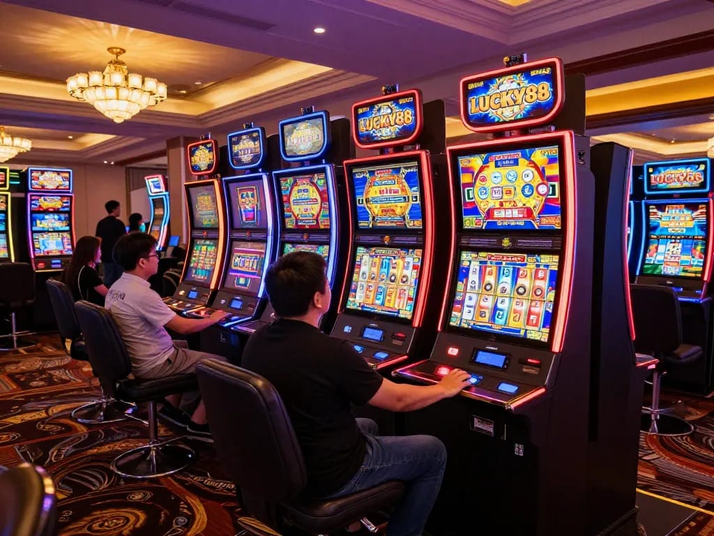 Players enjoying the excitement of LUCKY88 slot machines in a vibrant casino setting