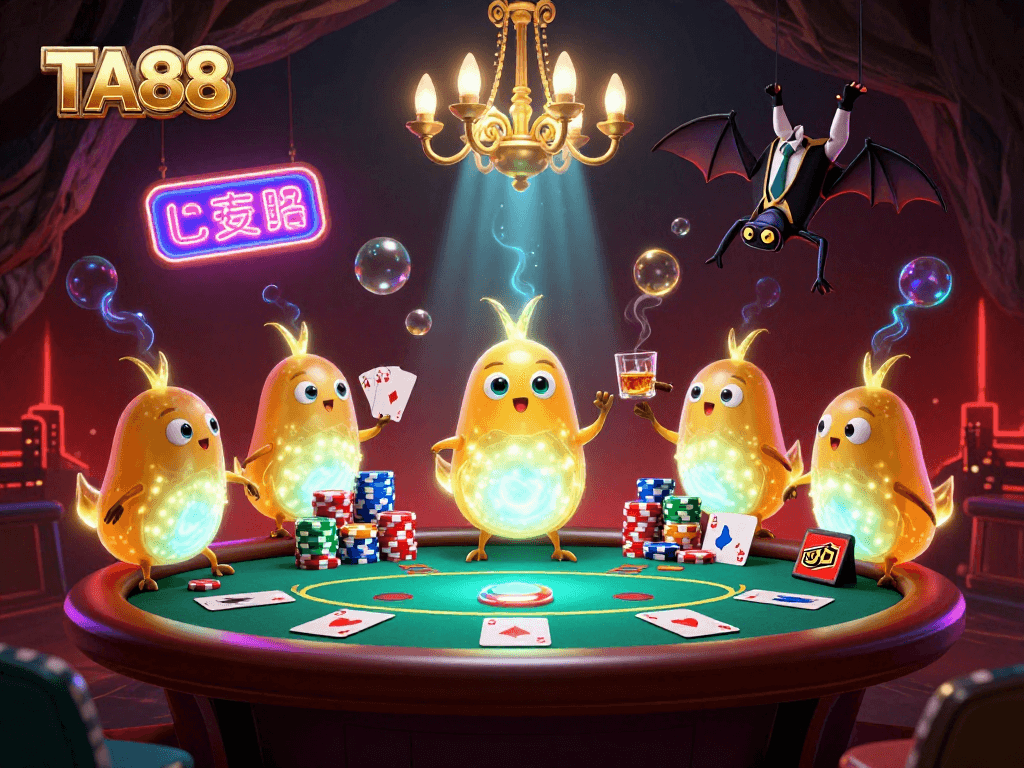 TA88 glowworms illuminate a vibrant poker scene in a cave casino, enhancing the gaming atmosphere.