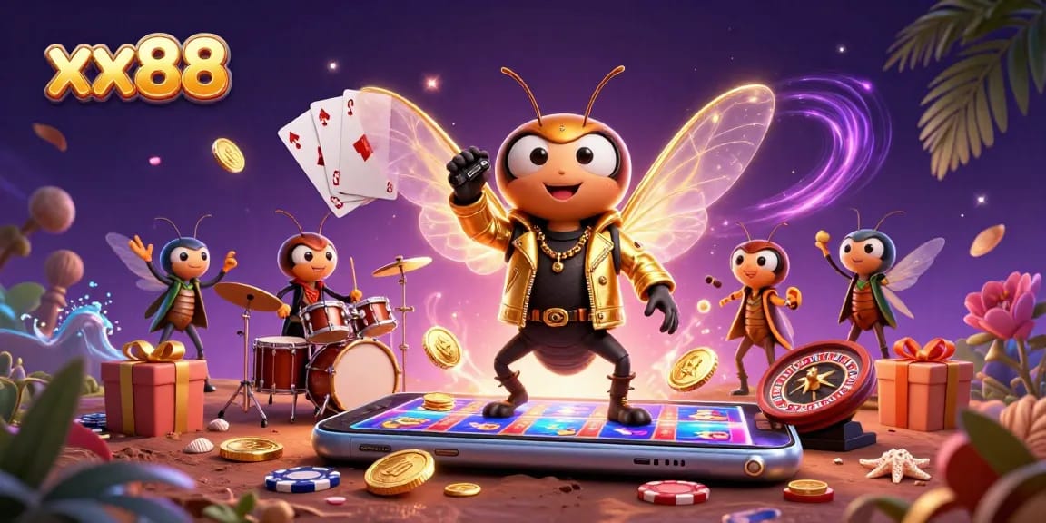Play exciting games at xx88, featuring a vibrant scene of animated characters in a casino setting.
