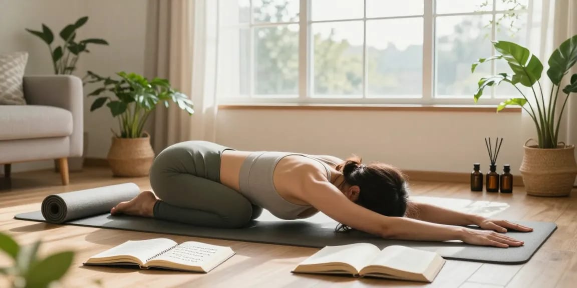 Relaxing wellness scene showcasing a woman practicing yoga, embodying the rokok88 lifestyle of tranquility and positivity