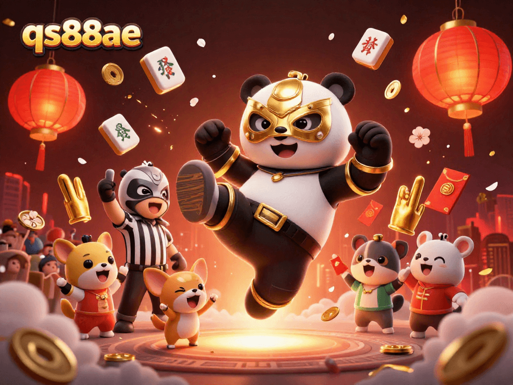 Experience the excitement of qs88ae as the panda wrestler leaps into action in this colorful casino scene.