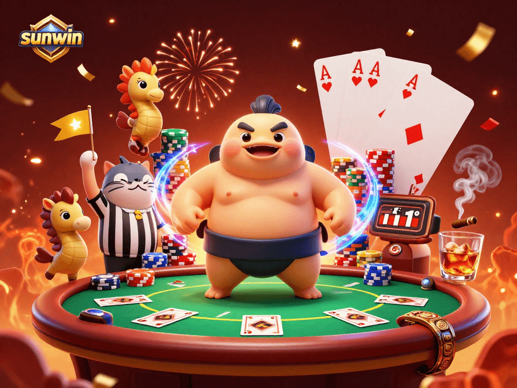 Sunwin showcases an underwater poker showdown with a charismatic fugu and vibrant casino elements.