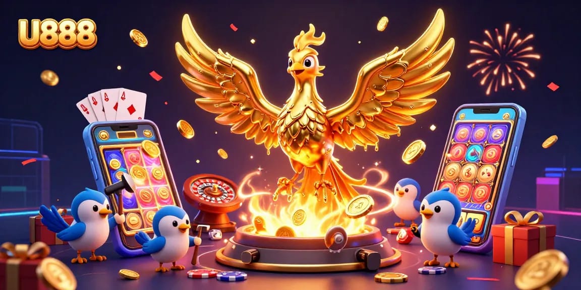 Experience thrilling gameplay with U888's vibrant casino-themed illustration, featuring a golden phoenix and dynamic slot game.
