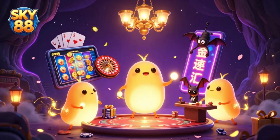 SKY 88 shines as glowworms illuminate a cave casino filled with vibrant games and excitement.