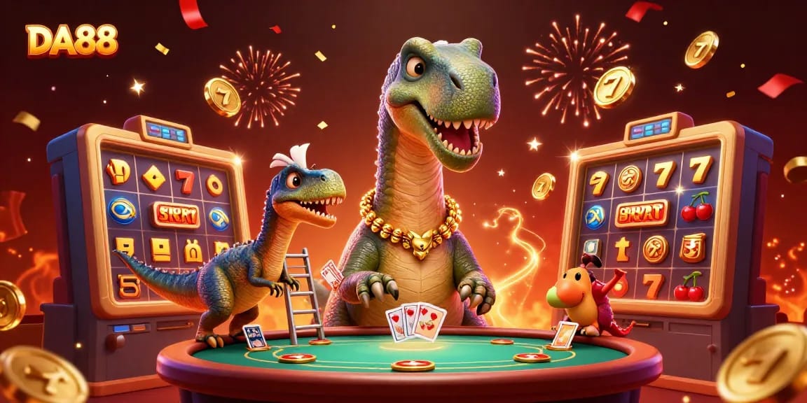 Engage with the DA88 casino experience featuring animated characters in a dynamic 3D scene.