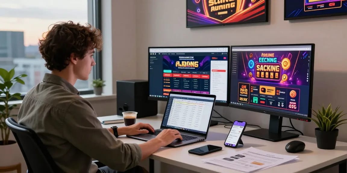 Strategic digital marketer analyzing uk casino backlinks in home office
