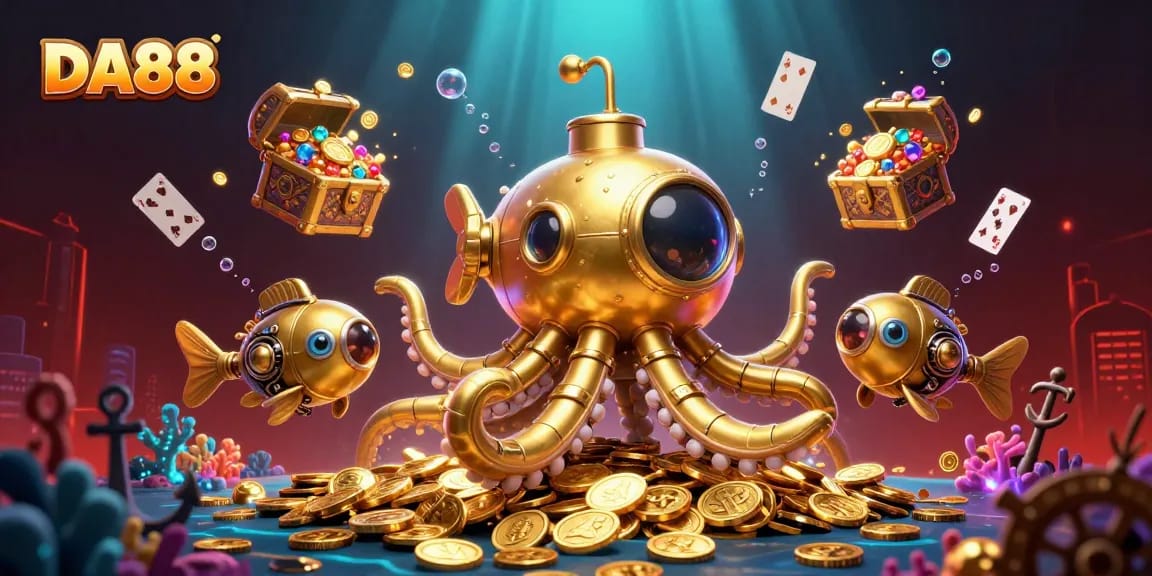 Experience thrilling gameplay with DA88, featuring a vibrant underwater scene of golden coins and animated kraken.
