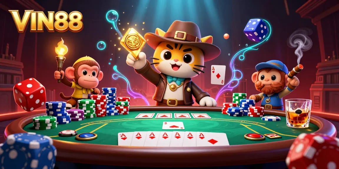 Engage with VIN88's exciting 3D illustration of a dynamic casino adventure.