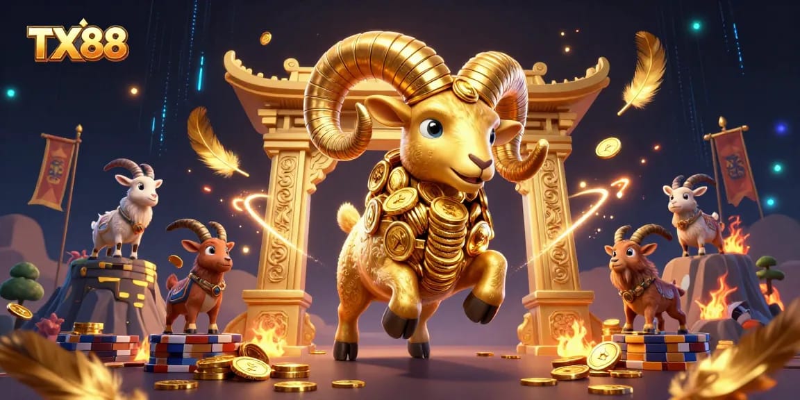Experience the excitement of TX88 with a golden ram charging through a vibrant casino scene.