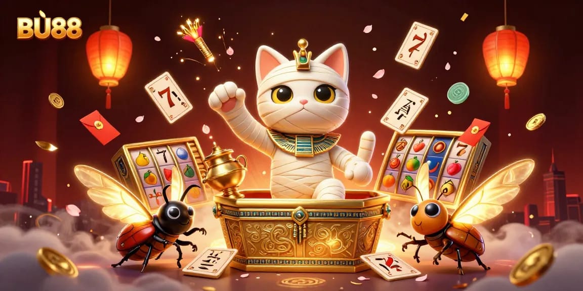 Experience the thrill at BU88 with a vibrant scene of a mummy cat and golden elements.