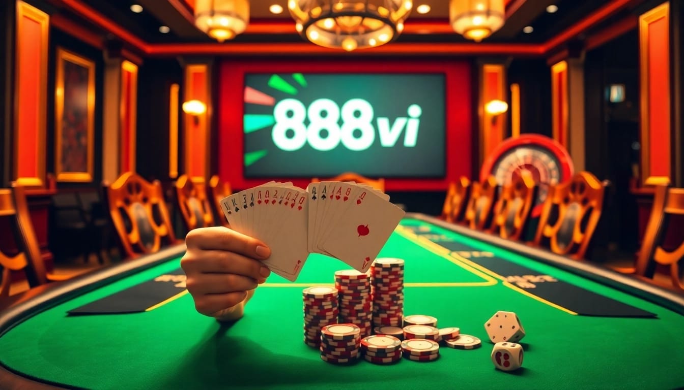 Players enjoying their time at 888vi's luxurious casino table with vibrant poker chips.