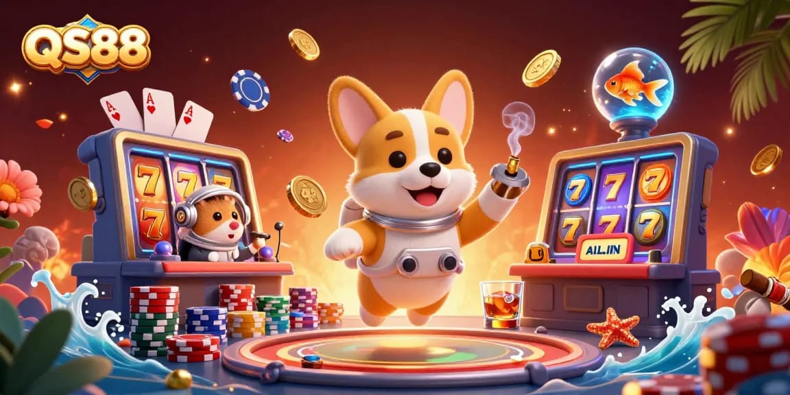 Experience exciting slots at QS88 with a playful corgi, hamster, and goldfish in a vibrant casino scene.