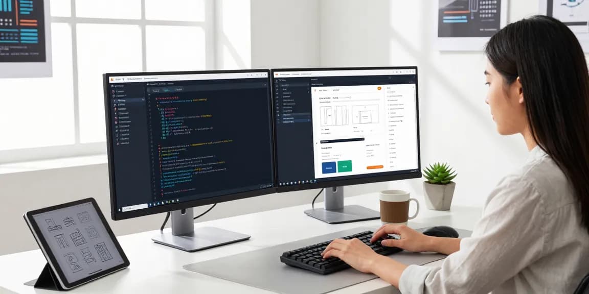 Developer sedang bekerja pada aplikasi di ruang kerja minimalis dengan elemen modern, berkaitan dengan bos88.