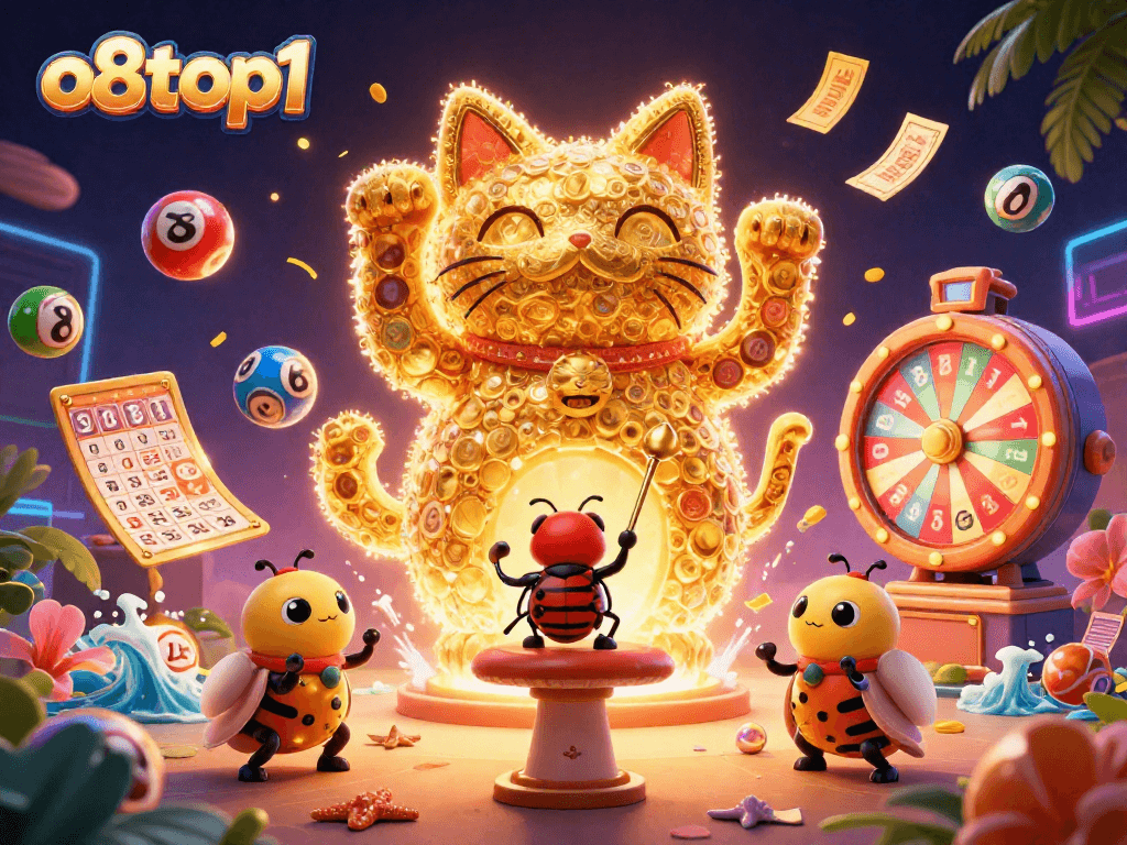 Experience the dynamic world of o8top1 with casino symbols and vibrant lottery elements in a stunning scene.