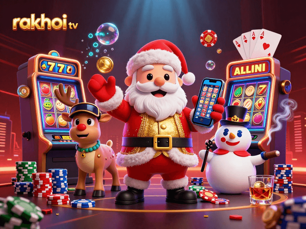 Experience the excitement of rakhoi tv with a vibrant casino scene featuring Santa and friends.