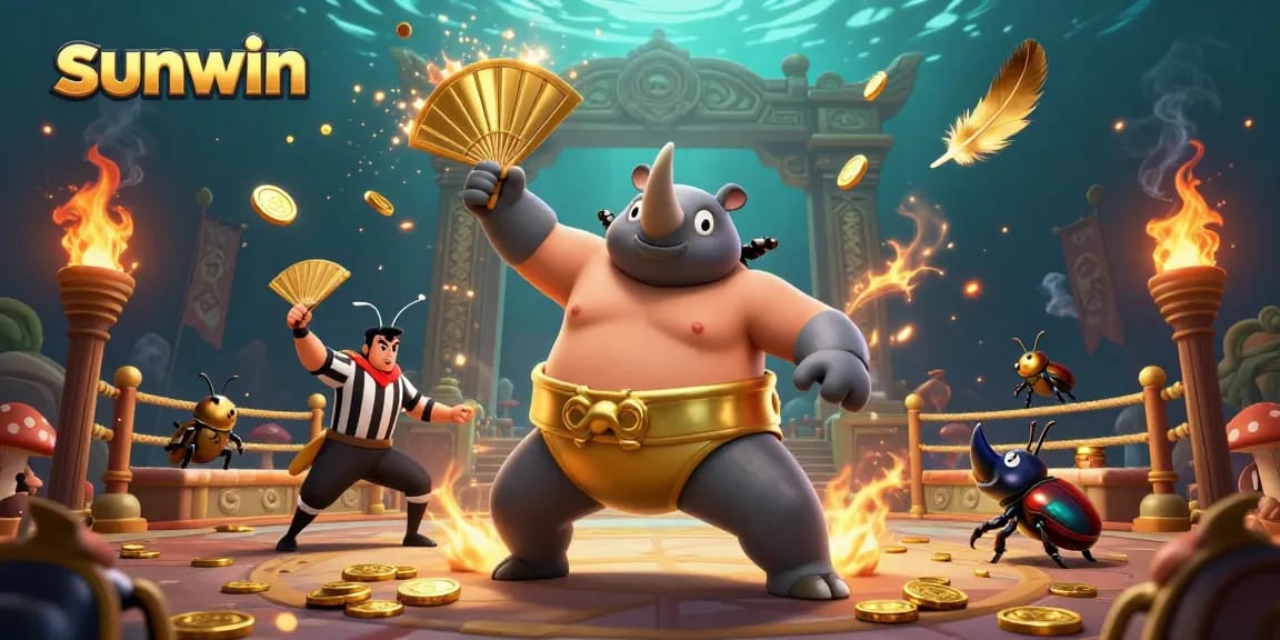 Bet on thrilling sunwin adventures with a sumo beetle champion amidst flying coins and dynamic effects.