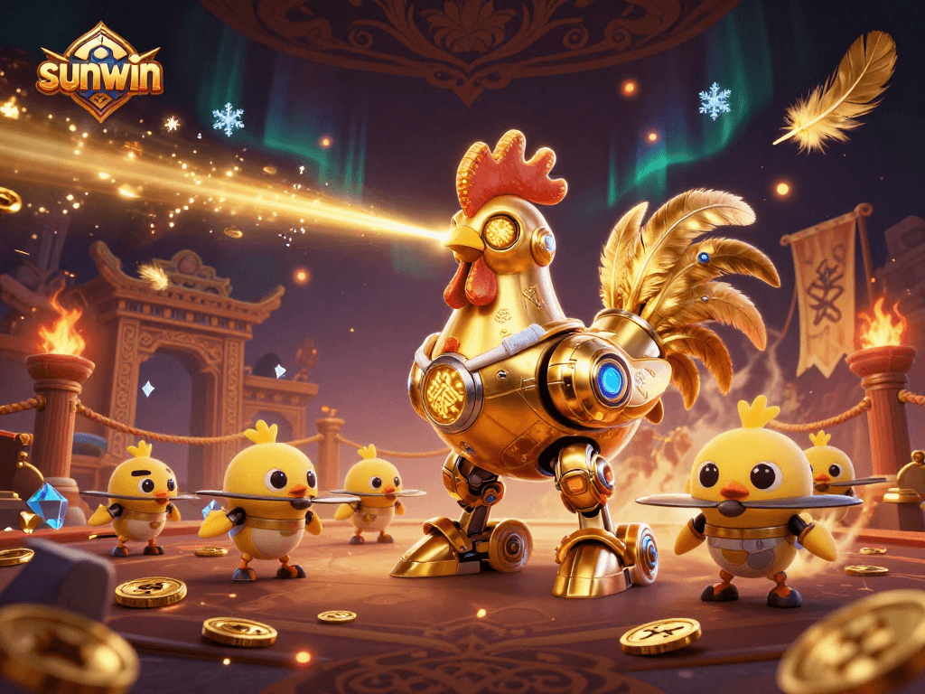 Experience sunwin's vibrant gaming atmosphere with a golden rooster robot in action.