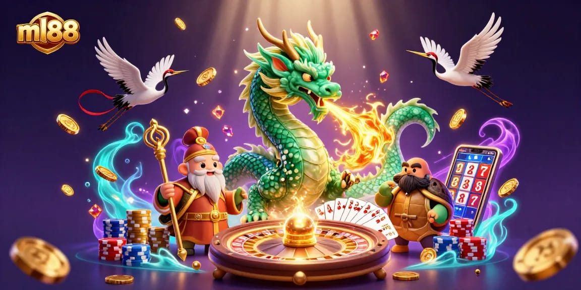 Play exciting games on ml88 with vibrant visuals, including dragons, lucky cranes, and casino elements.