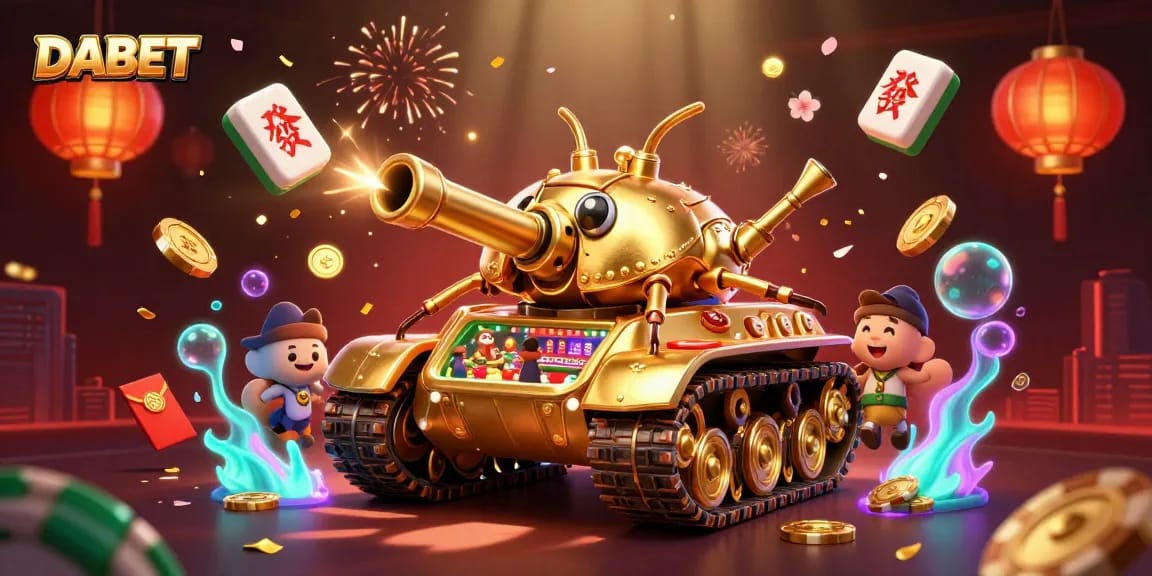 DABET offers an exciting casino experience inside a golden beetle tank featuring confetti-shooting turrets.