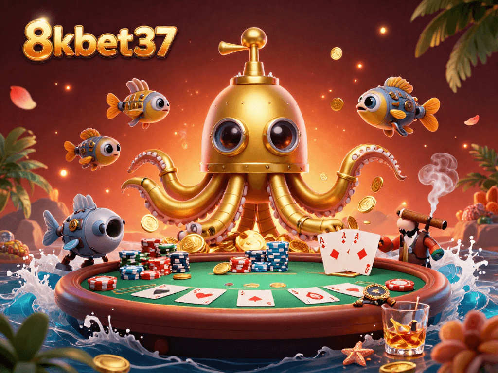 Experience the thrilling ocean adventure of 8kbet37 with a 3D golden kraken casino scene.