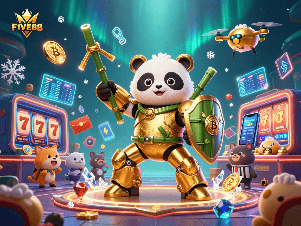 Engage in FIVE88 slots with the golden panda mech piloting a robot in a vibrant, dynamic casino scene.