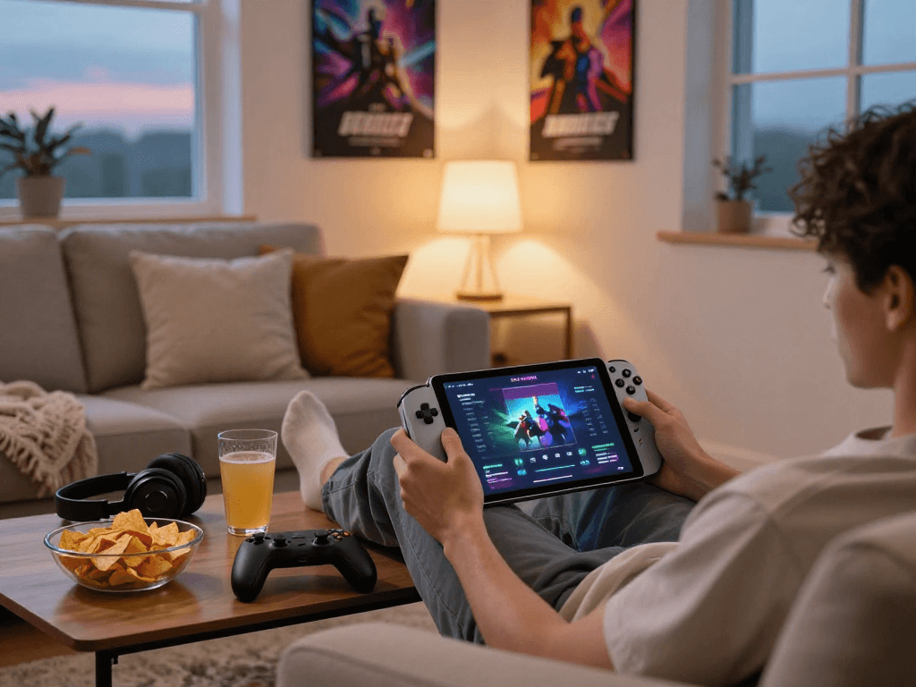 Enjoying ROKOK88 gaming experience while relaxing in a cozy living room.