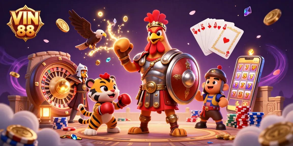 Bet big and win at VIN 88 with roaring excitement in this animated casino battle scene.