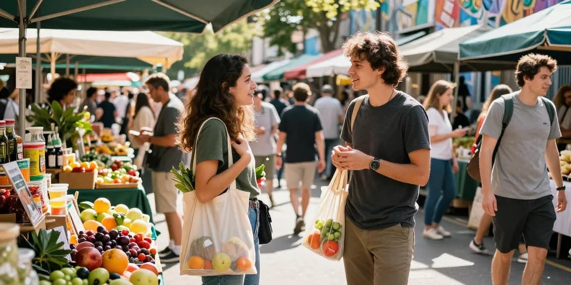 Community market scene showcasing rokok88 lifestyle with fresh produce and social interactions.