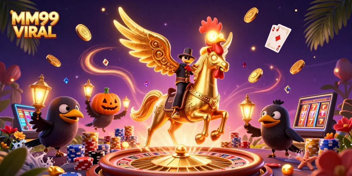 Experience the fun at MM99 VIRAL with a golden rooster in a thrilling midnight casino scene.