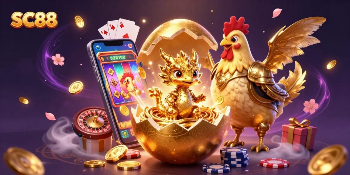 Experience gaming excitement with SC88's baby dragon revealing a treasure of poker chips and slot games.