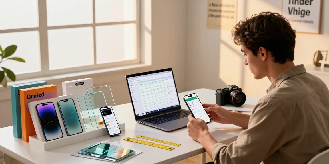 Mobile Tempered Glass Wholesale entrepreneur reviewing product samples at a modern workspace with ambient light.