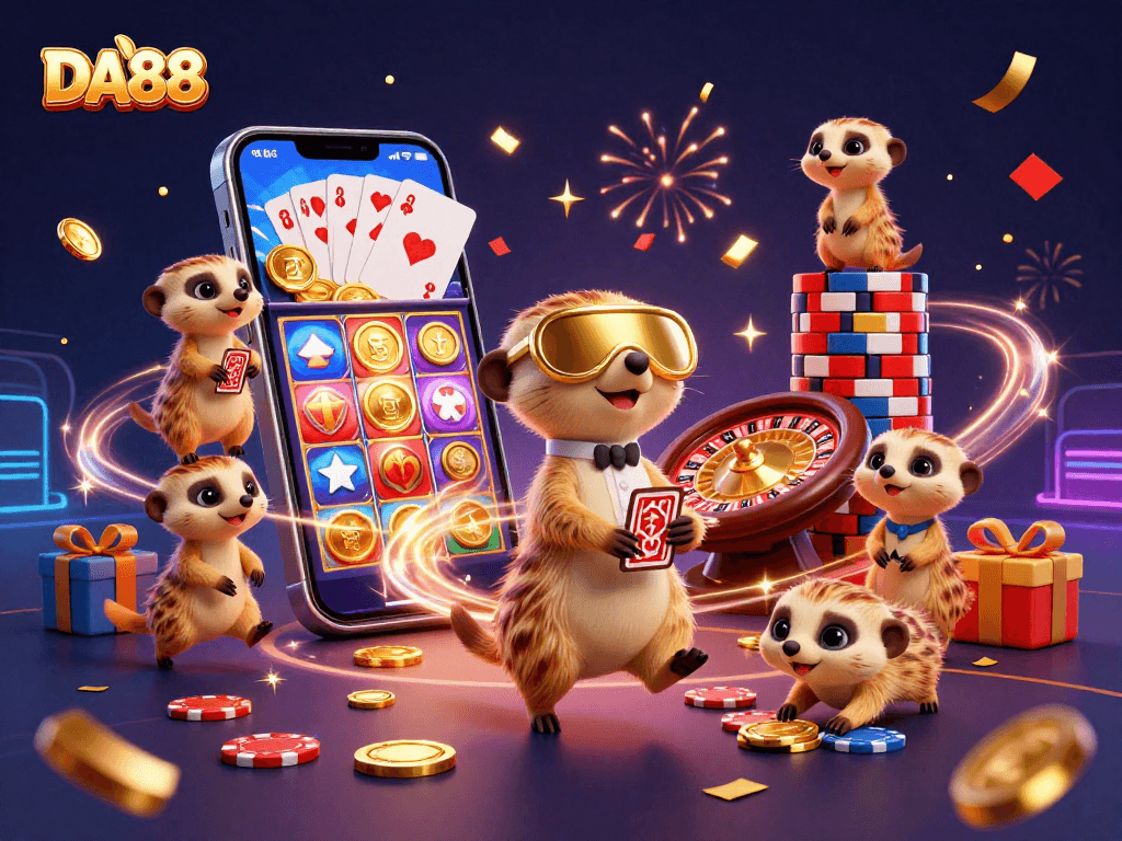 Experience the excitement of DA88 casino with colorful meerkats managing games and spinning slots.