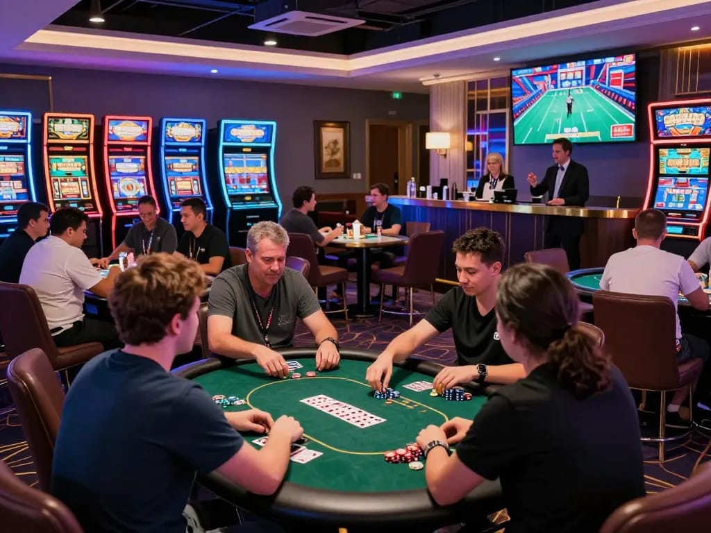 Exciting Bomwin gaming scene filled with enthusiastic players, poker chips, and vibrant neon lights.