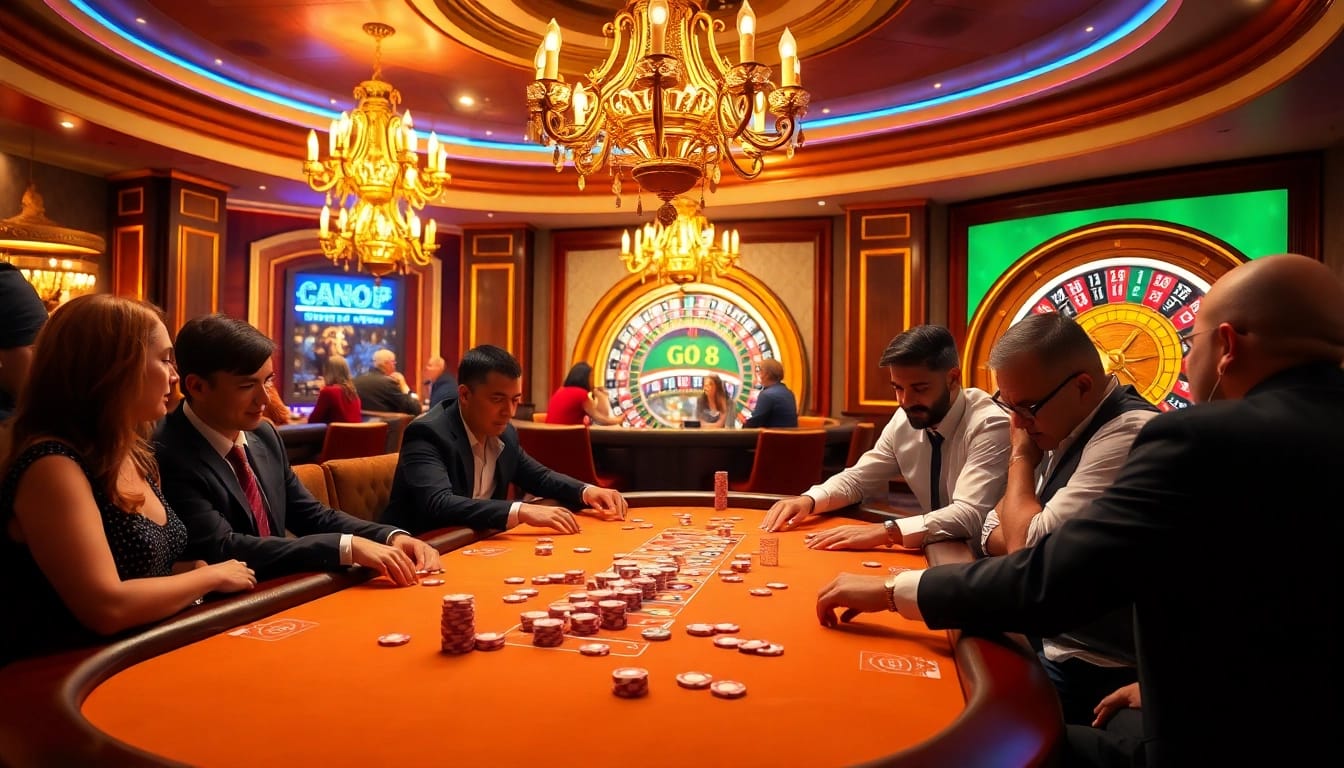 Players enjoying the go8 game at an upscale casino table, radiating excitement and luxury.